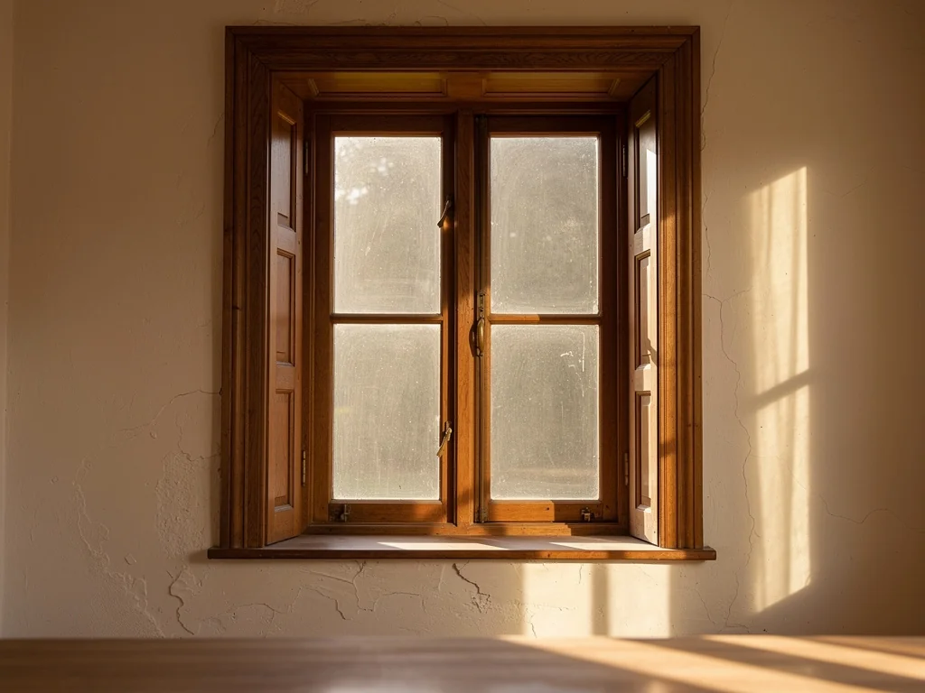 Fenêtre en bois à double vitrage dans un intérieur ancien restauré